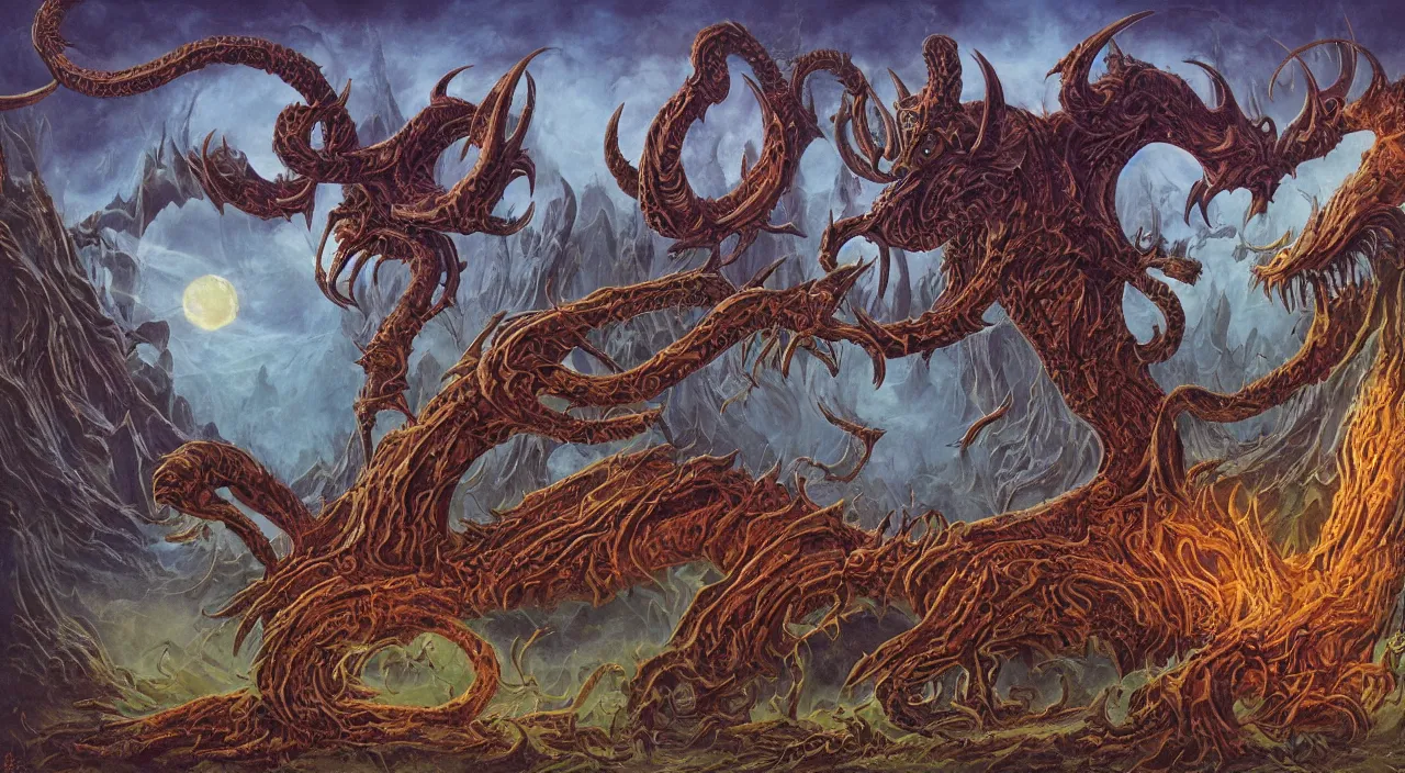 Image similar to a detailed portrait of a demon with long horns and spikes on its back. huge razor claws and fiery vortex eyes in a mystic cosmic labrynth, by roger dean, by robert hubert, by laurie lipton, detailed, realistic shadows, volumetric lighting, mythical creatures, rendered in redshift, matte painting