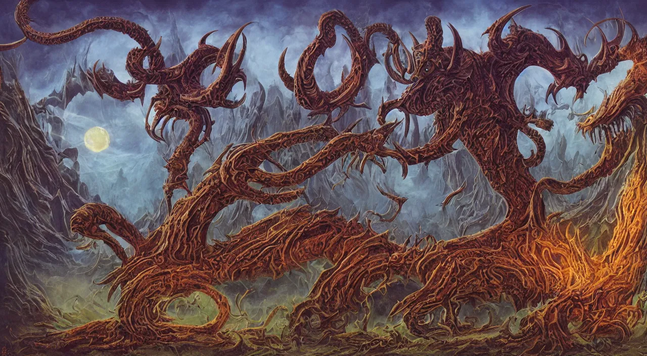 Prompt: a detailed portrait of a demon with long horns and spikes on its back. huge razor claws and fiery vortex eyes in a mystic cosmic labrynth, by roger dean, by robert hubert, by laurie lipton, detailed, realistic shadows, volumetric lighting, mythical creatures, rendered in redshift, matte painting