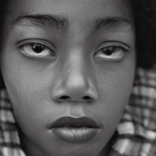 Prompt: portrait, extreme close up, sepia, teenager light - skin girl, afro hair, stares at the camera, night sky, stars, bruce gilden, leica s, fuji 8 0 0, grainy, low light