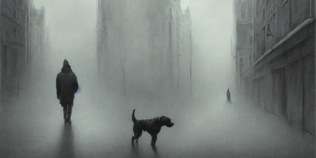 Image similar to painting of a dog and it's lifeless owner wandering the streets of london, half the painting is glitched, by zdzislaw beksinski, by dariusz zawadzki, by wayne barlowe, gothic, surrealism, cold hue's, warm tone gradient background, concept art, focused scene, medium shot, beautiful composition