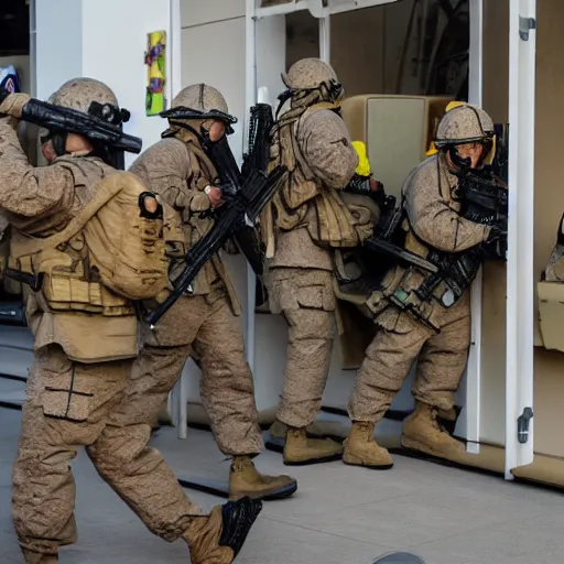 Image similar to fire team of marines raiding a mcdonald's playplace