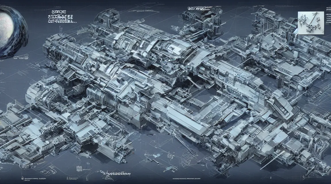 Prompt: the forbidden space-station+detailed blueprint and schematic with text and illustrated zoomed-in snippets+8k optane render 3d unreal engine glorious intricate detailed superb+pristine and clean design+Center Frame, intricate details, ultra-detailed, DIY maker styling printed with futuristic 3d modeling technology, colossal, desaturated, concept art, with highly detailed blueprints and text, marker concept art style rendering