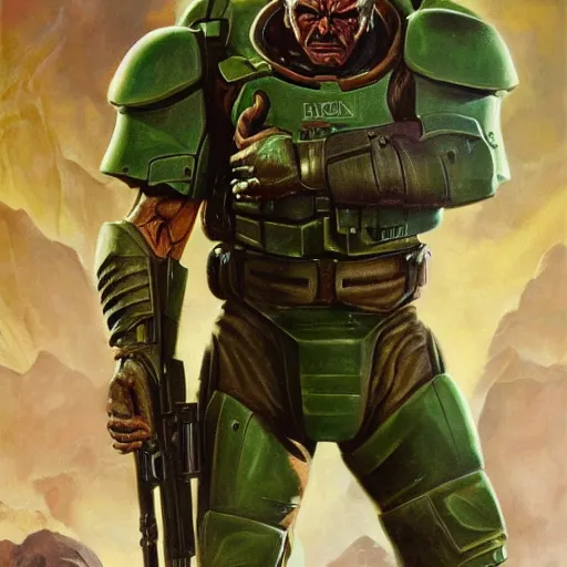 Image similar to ultra realistic portrait painting of tom selleck as doomguy, art by frank frazetta, 4 k, ultra realistic, highly detailed, epic lighting