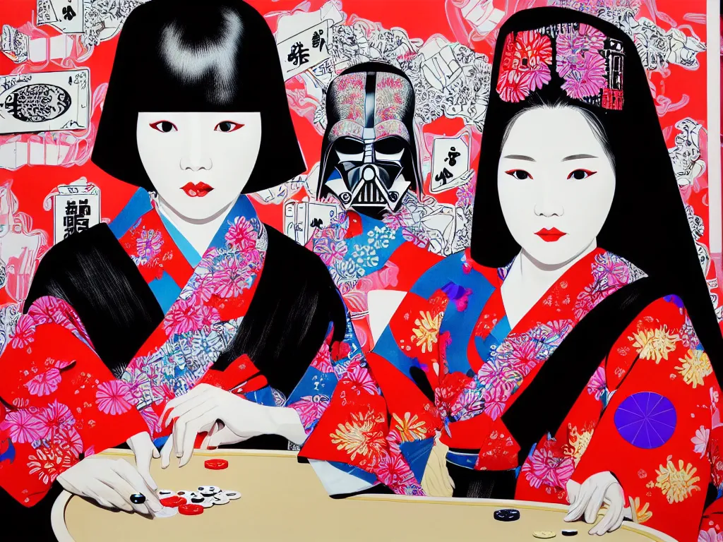 Image similar to hyperrealism composition of the detailed woman in a japanese kimono sitting at an extremely detailed poker table with darth vader, fireworks on the background, pop - art style, jacky tsai style, andy warhol style, acrylic on canvas