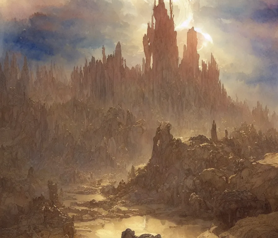 Prompt: a beautiful intricate watercolor painting of a necropolis, dune, frank herbert, reflections, very high details by william turner art, greg rutkowski and alphonse mucha, trending on artstation, very very detailed, masterpiece, vibrant colors