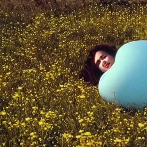 Image similar to an ample woman dressed as a squishy inflatable toy, smiley face, in a meadow, moody film still, terrence malick, 1973 technicolor