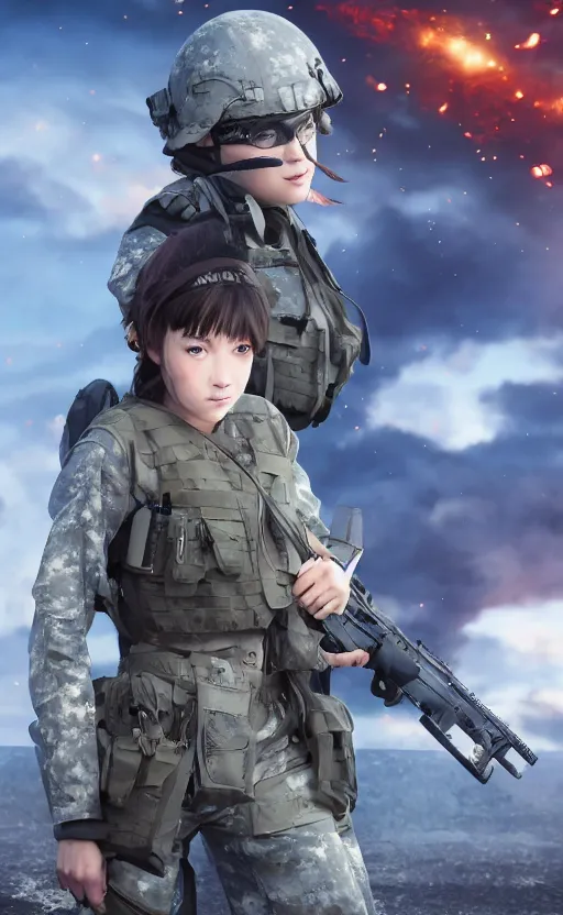 Image similar to girl, trading card front, future soldier clothing, future combat gear, realistic anatomy, war photo, professional, by ufotable anime studio, green screen, volumetric lights, stunning, dirt and ashes, metal hard surfaces, generate realistic face, only blue sky in the back