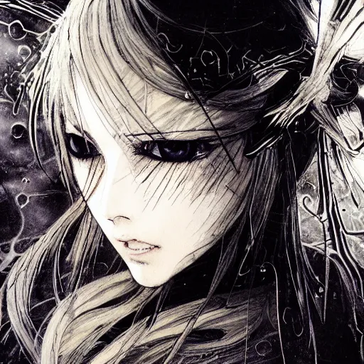 Image similar to yoshitaka amano blurred and dreamy illustration of an anime girl with pirate eye patch, wavy white hair and cracks on her face wearing elden ring armour with the cape fluttering in the wind, abstract black and white patterns on the background, noisy film grain effect, highly detailed, renaissance oil painting, weird portrait angle