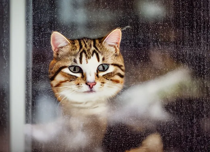 Image similar to photography of a Cat . watching outside the window while it rains. on a bed. in a 70's room full of vinyls and posters, photorealistic, raining award winning photo, 100mm, sharp, high res