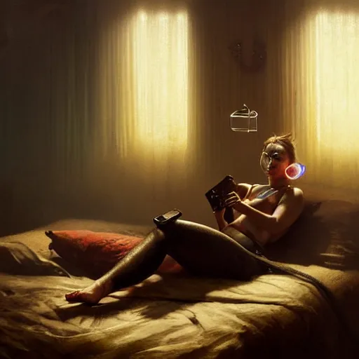 Image similar to Detailed still life. Iridescent details iridescent accents. Till Lindemann, lying in bed like a young girl talking to her girlfriend on the phone, A telephone receiver in hand, fantasy art by Greg Rutkowski