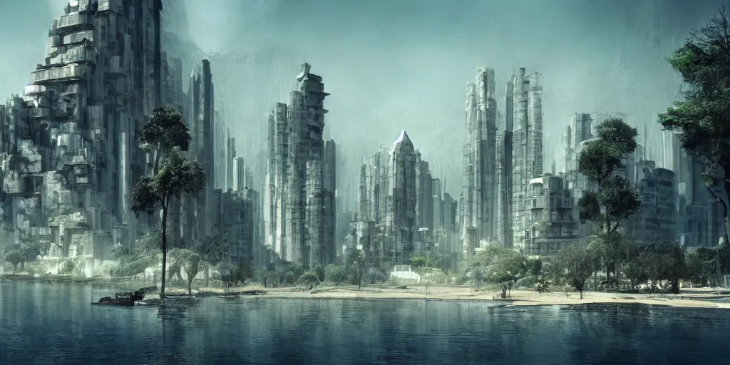 Image similar to city and temples in brutalism, gigantism, aad arab architectural style, but it is an oasis with trees and water, composition idea concept art for movies, style of denis villeneuve and greg fraiser