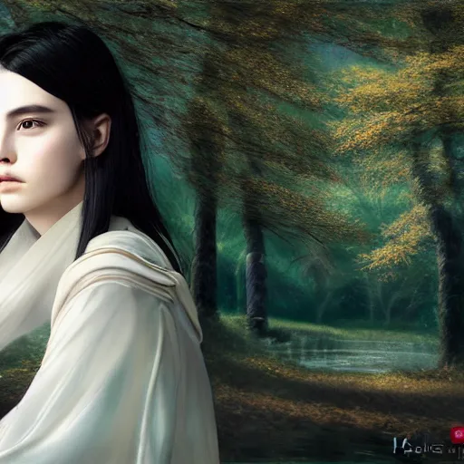 Prompt: a portrait of a young beautiful prince, golden eyes, long black hair, white hanfu, elegant, intricate, backlit, incredible lighting, strong rim light, subsurface scattering, photorealistic, epic beautiful landscape, cherry trees, highly detailed, digital painting, by Heise Jinyao, Heise-Lian Yan Fang, Feimo, Rossdraws, Sakimichan, HDRI, vivid colors, high contrast, 8k