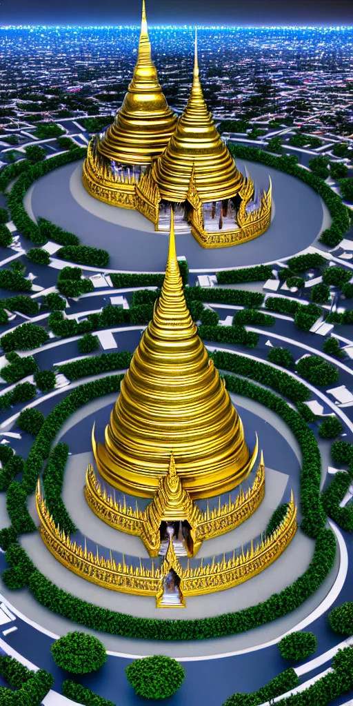 Image similar to opulent hyperbaric thai democracy monument on top and thai royal palace at the bottom prison chronomacrophotograph mycelial faberge vast circle round chamber on a nanometer scale. ultracomplex precision engineering diagram render, extra ray - tracing.