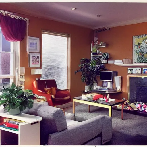 Prompt: a typical American living room from 1985