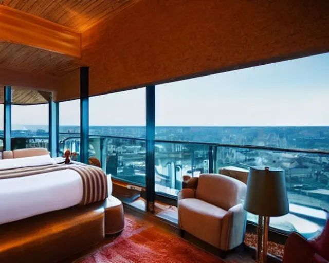 Prompt: a luxury hotel room with a beautiful view from the balcony, and a hot tub inside.