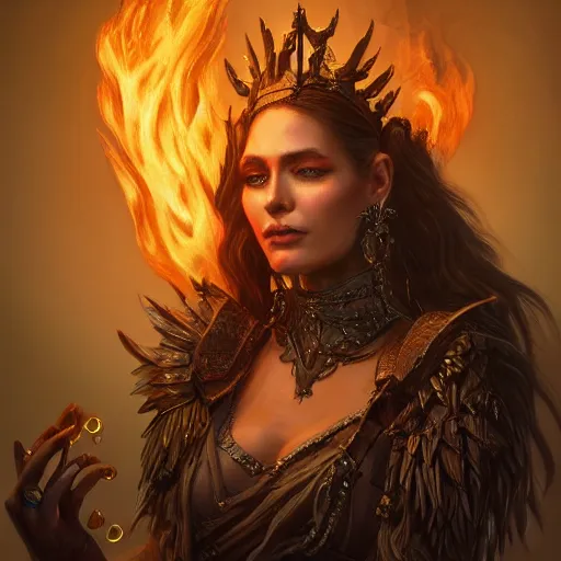 Image similar to Closeup of realistic Sumerian Death Queen with small bones covering vest and flowing fire and smoke , fantasy, intricate, elegant, highly detailed, digital painting, artstation, concept art, matte, sharp focus, illustration, hearthstone, art by Artgerm and Greg Rutkowski and peter mordenbacher