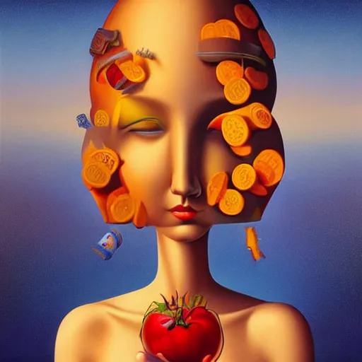 Image similar to age of abundance, an ultrafine detailed painting by rafal olbinski, behance contest winner, pop surrealism, detailed painting, very detailed, minimalist, skeuomorphic, airbrush art