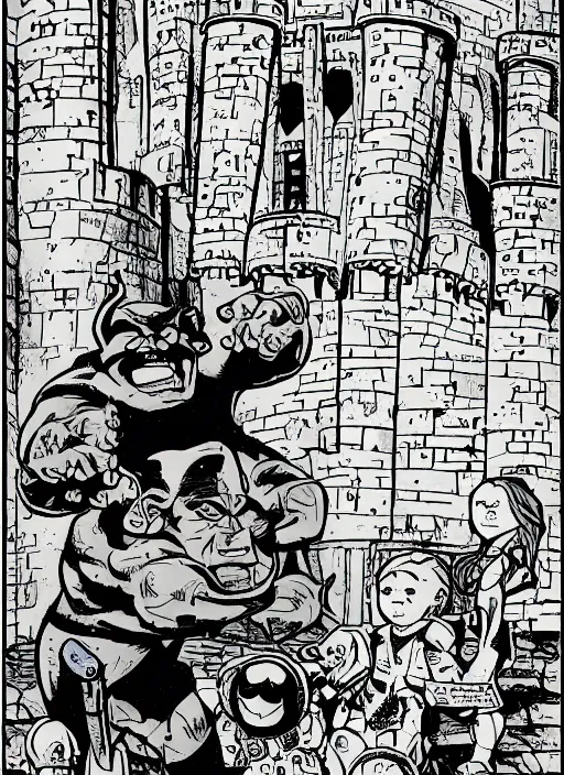 Prompt: detailed children's comic book drawing of a ( cute ogre ) looking at a ( stronghold castle ) by jack kirby!!! and gris grimly, cinematic, epic, awesome bright color palette, hard contrast, black ink outlines