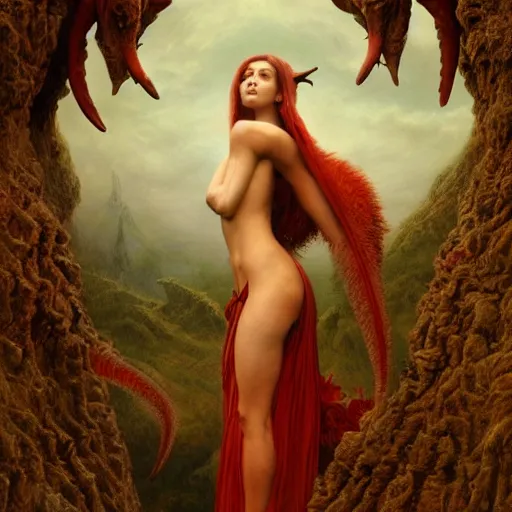 Image similar to a masterpiece! matte painting portrait of a scarlet - colored beast with seven ( 7 ) heads and ten ( 1 0 ) horns by gustave dore and stephen hickman and allen williams, trending on artstation, cgsociety, 8 k hd, earthtone colors, a cloaked woman riding the back of the beast