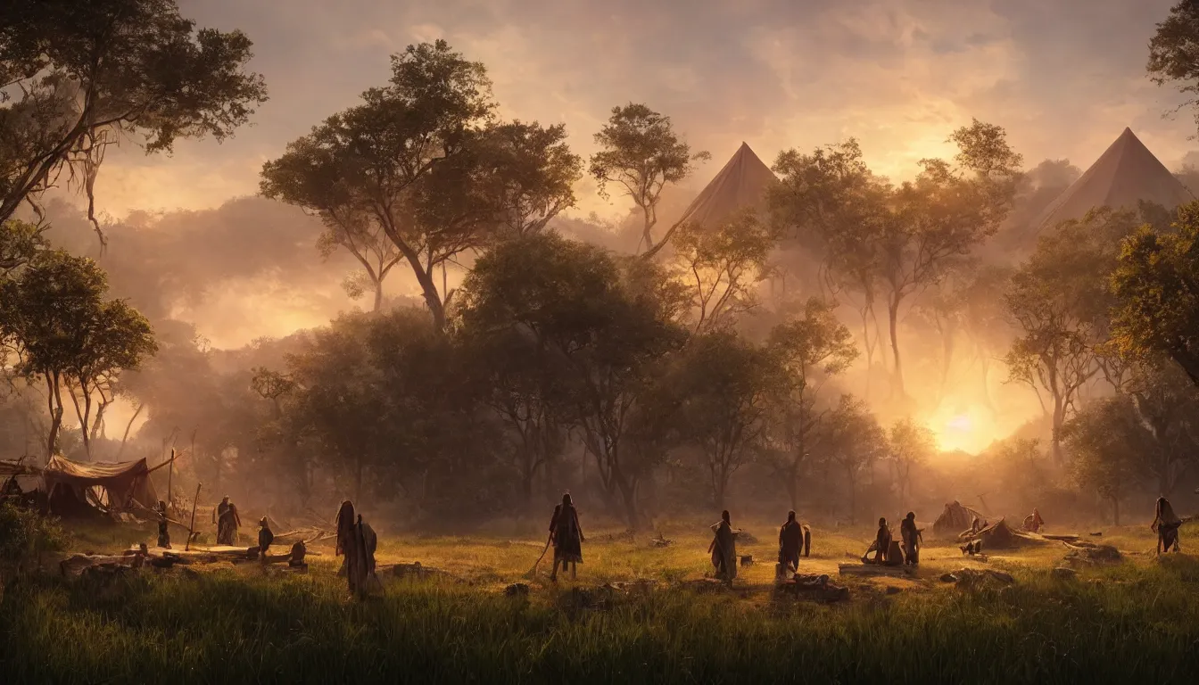 Prompt: beautiful render of an indegenous tribe, unreal engine, first light, teepee, paths, lush grass, sunrise, encampment, soft light, forest, campfires in the foreground, by greg rutkowski, cgsociety