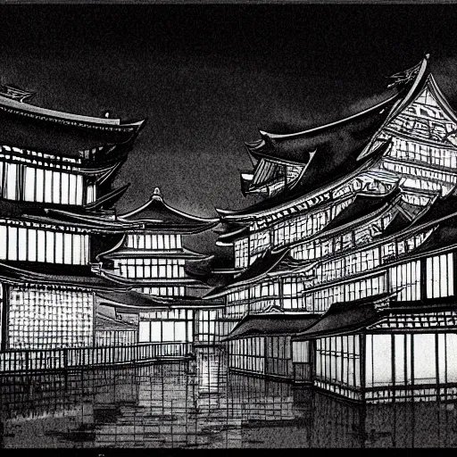 Image similar to a beautiful ink painting of buildings in japanese traditional style, in the style of hiroshi yoshida, at night, light effect, detailed, high - definition, exquisite isolated very detailed, moody lighting, 8 k highly detailed, trending on artstation