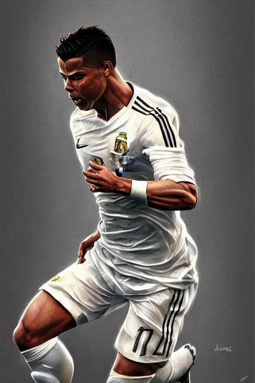 Image similar to ronaldo luis nazario da lima, football player, highly detailed, digital painting, artstation, concept art, smooth, sharp focus, illustration, art by artgerm and greg rutkowski and alphonse mucha