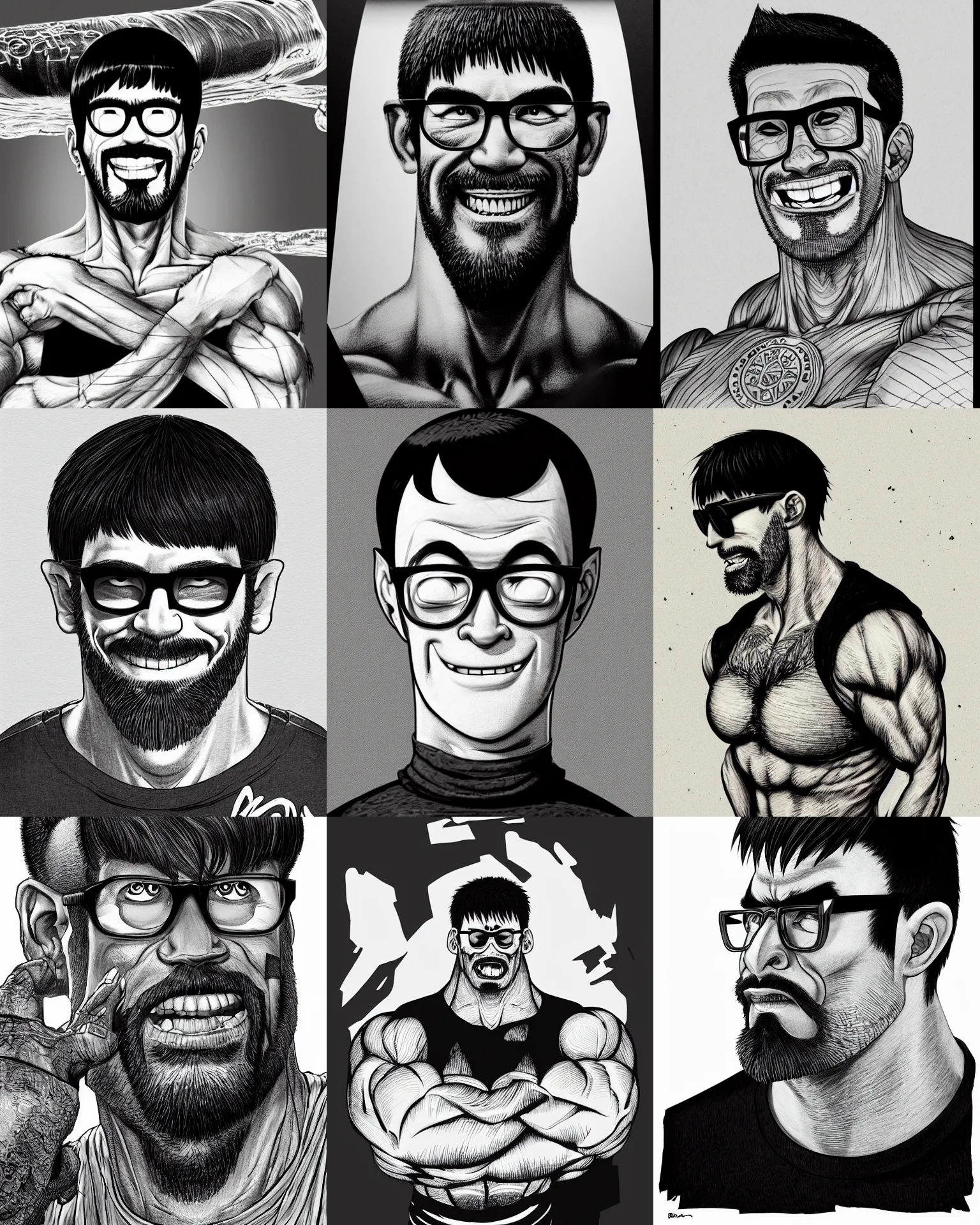 Prompt: highly detailed ink illustration of a buff smiling man with long stubble, muscular neck, rectangular square shaped glasses and a black bowl cut, wearing a black tshirt, unreal engine, octane render, b & w clean shaped illustration by kim jung gi, ron english and eiichiro oda