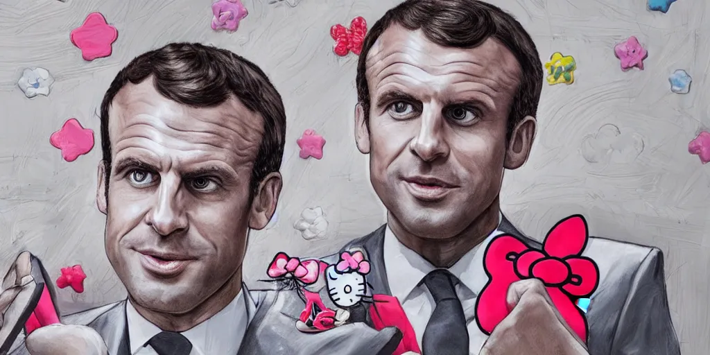 Prompt: picture of emmanuel macron on a toilet, dressed in a hello kitty pajamas, photorealistic, higly detailed, 8 k