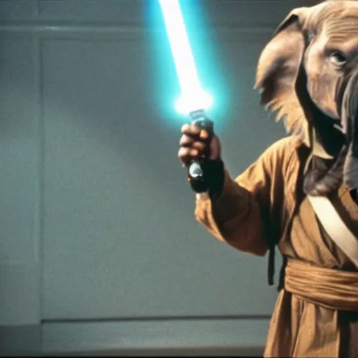 Image similar to a film still of a man with a elephant's head using a Obi Wan Kenobi clothes holding a lightsaber in A New Hope(1977)