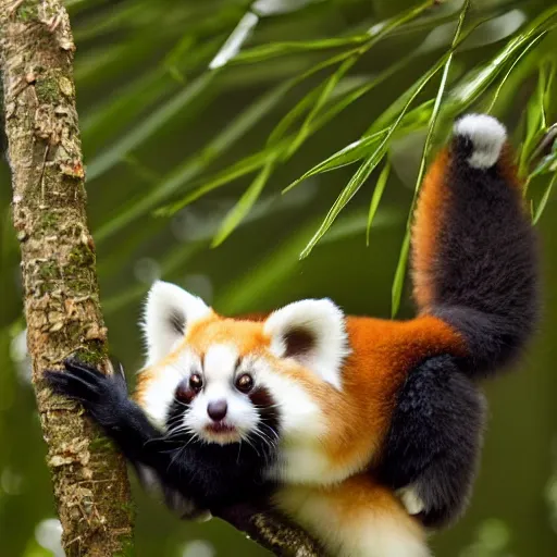 Image similar to cute fluffy cross between red panda and sugar glider in a lush jungle, studio lighting, award winning