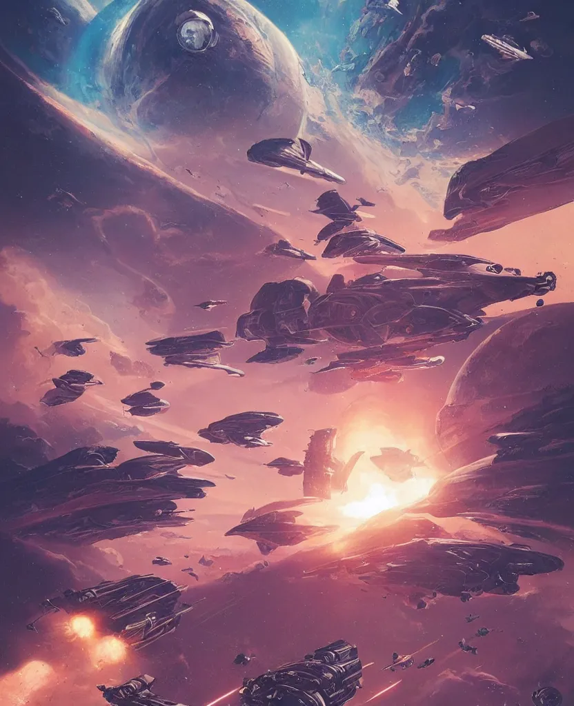 Image similar to retro futuristic sci - fi poster by moebius and greg rutkowski, epic spaceship battle, nebulae, planet mars