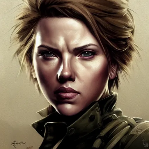 Image similar to old solid snake played by by mature scarlett johansson, face portrait, hd shot, digital portrait, elegant, beautiful, fantasy art, artstation, comic style, by artgerm, guy denning, jakub rozalski, magali villeneuve and charlie bowater