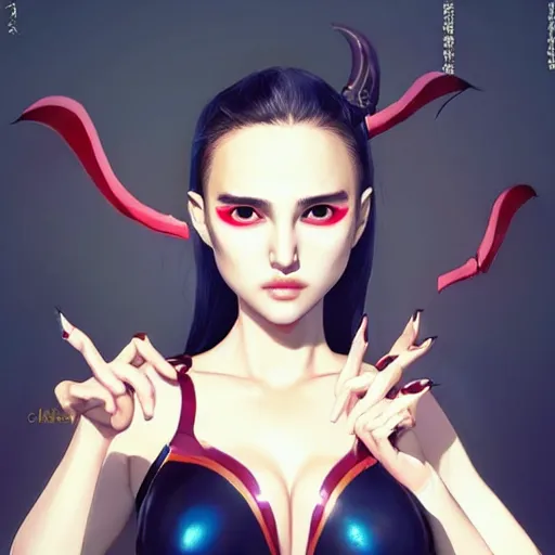 Image similar to a beautiful young japanese natalie portman alluring model in crop top, wearing a demonic latex mask that looks like an attractive succubus by guweiz and wlop and ilya kuvshinov and artgerm symmetrical eyes, aesthetic, gorgeous, stunning, attractive, artstation, deviantart, pinterest, digital art