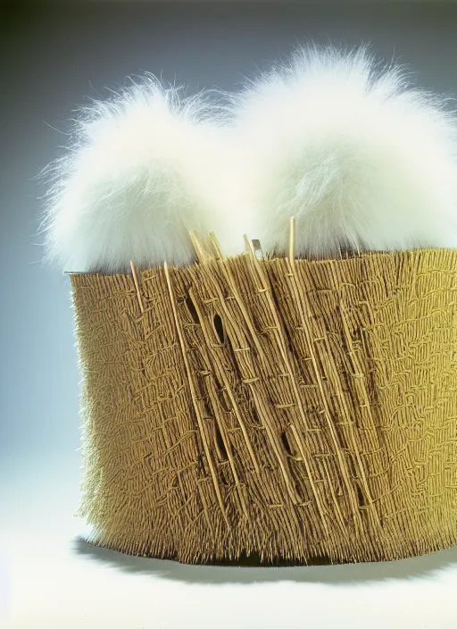 Image similar to realistic photo of a a medieval brushwood and straw archeology scientific equipment device made of brushwood, with white fluffy fur, by dieter rams 1 9 9 0, life magazine reportage photo, natural colors, metropolitan museum collection