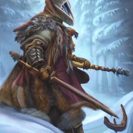 Image similar to fantasy snow bandit ‘ icewind dale ’ with mask, snow scene, ‘ icewind dale 2 ’ profile portrait by ‘ justin sweet ’, falling snow, soft focus, oil paint