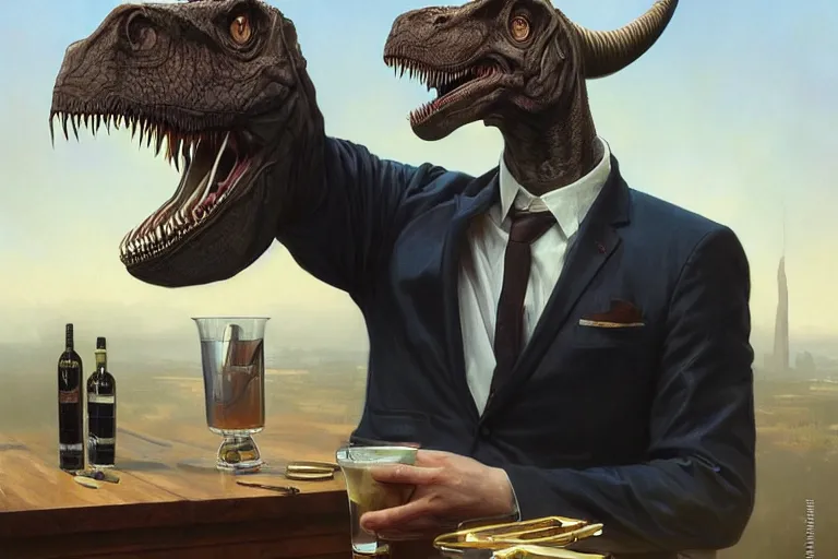 Image similar to portrait painting of a tyranosaurus rex wearing a tie and drinking a martini, ultra realistic, concept art, intricate details, serious, highly detailed, photorealistic, octane render, 8 k, unreal engine. art by artgerm and greg rutkowski and alphonse mucha