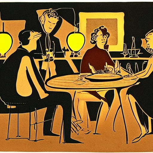 Image similar to The art installation depicts two people, a man and a woman, sitting at a table. The man is looking at the woman with a facial expression that indicates he is interested in her. The woman is looking at the man with a facial expression that indicates she is not interested in him. There is a lamp on the table between them. black velvet by Dorothy Lathrop subtle