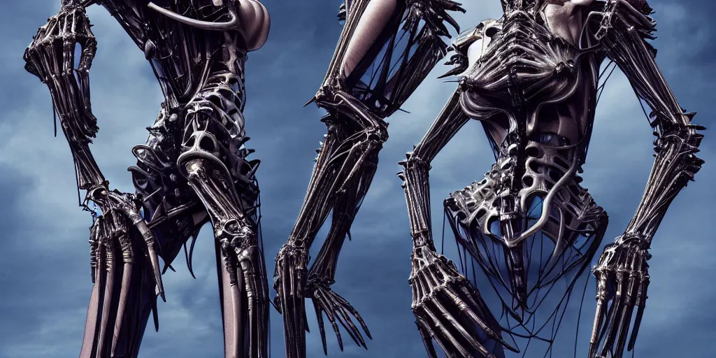 Prompt: space station, walking down the catwalk, vogue, fashion show photo, iris van herpen baroque dress, beautiful woman, perfect body, full body shot, masterpiece, guyver, giger, biomechanical details, legendary dragon, artstation