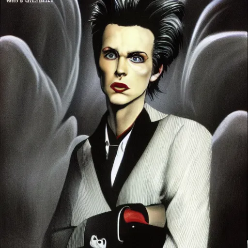 Image similar to A photgraphic portrait of the character, Desire, a tall, smiling androgyne with black hair and a grey pinstripe suit, studio lighting, medium shot, Life Magazine, 1978, Vertigo Comics, The Sandman written by Neil Gaiman, against a stormy sky