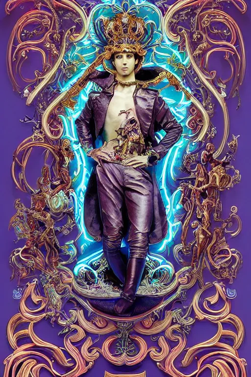 Image similar to full-body bladerunner neon rococo style sculpture of a young handsome Spanish prince as a half cibernetic android with a chest opening exposing circuitry and electric sparks, glowing laser beam eyes, crown of giant diamonds, flowing neon-colored silk, fabric, raptors. baroque elements. full-length view. baroque element. intricate artwork by caravaggio. many many birds birds on background. Trending on artstation, octane render, cinematic lighting from the right, hyper realism, octane render, 8k, depth of field, 3D