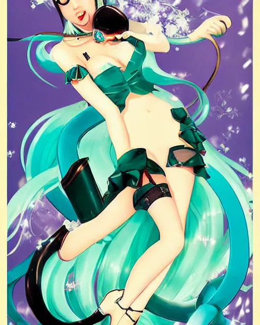 Prompt: Hatsune Miku pin-up poster by Gil Elvgren