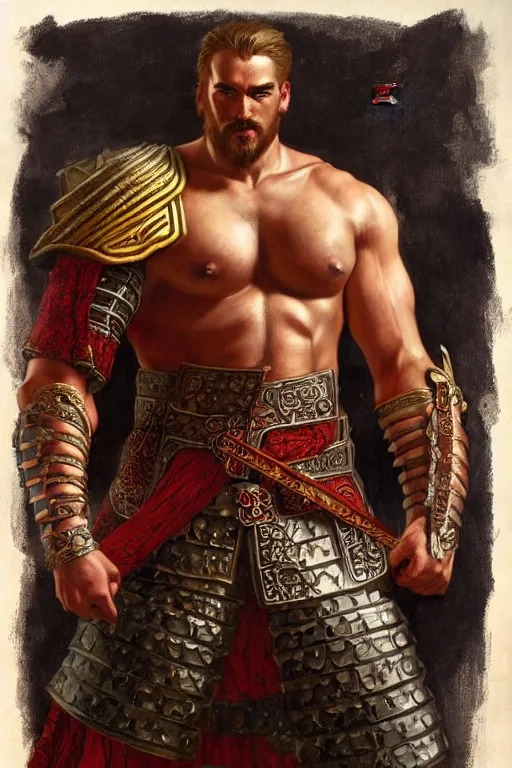 Image similar to attractive beefy male with armor, ancient china, three kingdoms, character design, painting by gaston bussiere, craig mullins, j. c. leyendecker, tom of finland