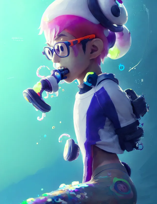 Image similar to a beautiful portrait of a cute splatoon anime boy wearing sport clothing and leggings under shorts barefoot. character design by cory loftis, fenghua zhong, ryohei hase, ismail inceoglu and ruan jia. artstation, volumetric light, detailed, photorealistic, fantasy, rendered in octane