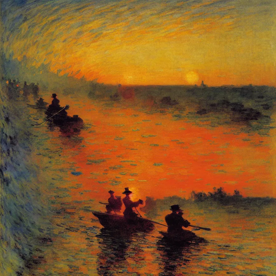 Prompt: cover artwork about a metaphorical highway to the sunrise, painted by gaston de la touche, winslow homer, thomas moran, steve mitchell and claude monet