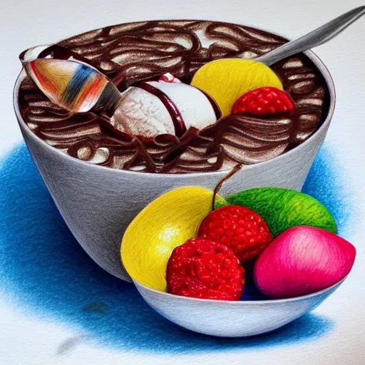 Image similar to Colored pencil art on paper, Ice Cream Fudge Sundae in a bowl with fruit toppings, highly detailed, artstation, MasterPiece, Award-Winning, Caran d'Ache Luminance