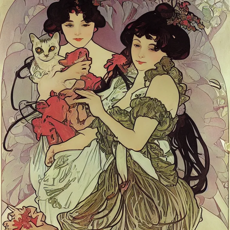 Prompt: sweet lolita and her cat companion. gouache painting by clamp and alphonse mucha.