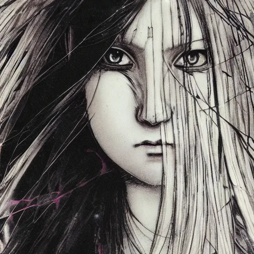 Prompt: yoshitaka amano realistic illustration of an anime girl with black eyes, wavy white hair fluttering in the wind and cracks on her face wearing elden ring armour with engraving, abstract black and white patterns on the background, noisy film grain effect, highly detailed, renaissance oil painting, weird portrait angle, blurred lost edges, three quarter view