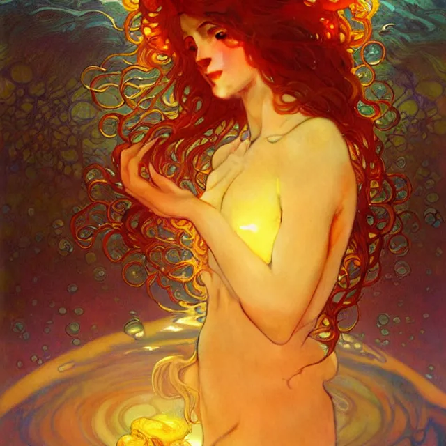 Image similar to mind bending ocean waves of glossy liquid honey drops flowing like psychedelic translucent amber, lsd waves, lsd ripples, backlit, sunset, refracted lighting, art by collier, albert aublet, krenz cushart, artem demura, alphonse mucha