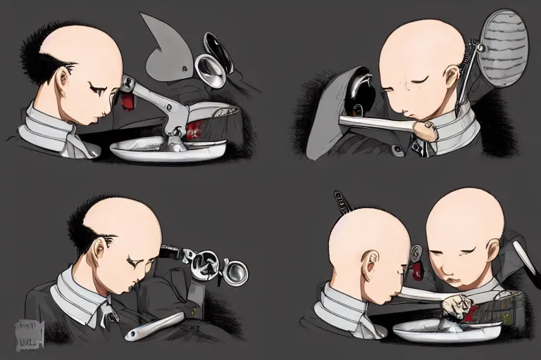 Prompt: a barber struggles to cut the hair of conjoined twins, by miyazaki and amano and murakami, trending on artstation