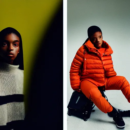 Image similar to realistic! photoshoot for a new balenciaga lookbook, color film photography, portrait of a beautiful woman wearing a puffer jacket, photo in style of tyler mitchell, 35mm